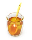 Open a jar of honey with wooden spoon on a white. 3d.