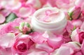 Open Jar of Luxurious Rose-Scented Cream Surrounded by Fresh Pink Petals Royalty Free Stock Photo