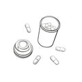 Open jar of medicine. Pills are scattered, hand-drawn in black and white, simple graphics.