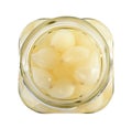 Open jar with pickled onions on white background Royalty Free Stock Photo