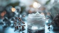 Open jar of rejuvenating cream with molecular backdrop, skincare science