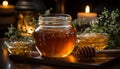 Open jars honey are on wooden table. Rustic still life in warm colors in cozy kitchen