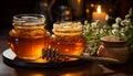 Open jars honey are on wooden table. Rustic still life in warm colors in cozy kitchen