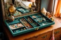 open jewelry box filled with colorful and eclectic pieces