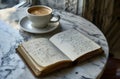 an open journal and a cup of coffee sit on a marble table Royalty Free Stock Photo