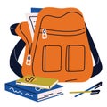 Open kids backpack, satchel, knapsack on zipper. Childish school bag with books, textbooks. Children schoolbag with