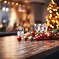Open kitchen counter top champagne glasses ornaments. Christmas tree decorated with golden garland. Cozy homely festive atmosphere Royalty Free Stock Photo