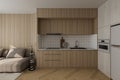 Open Kitchen next to living space interior with Wooden decorator, cupboard, stove, sink, 3D rendering