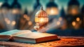 Open Koran book and eastern lantern on blurred night cityscape Royalty Free Stock Photo