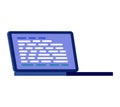 Open laptop with blue screen displaying code lines. Programming and coding concept, developer workspace. Technology and Royalty Free Stock Photo