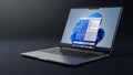 Open laptop computer displaying Windows 11 operating system with a dark background and blue wallpaper Royalty Free Stock Photo