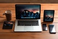 An open laptop computer resting on a wooden table, showcasing the synergy between technology and a well-equipped workspace, Laptop