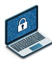 Open laptop with digital matrix background and lock symbol, symbolizing data encryption, online safety, and secure systems in a