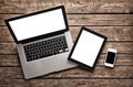 Open laptop with digital tablet and smartphone Royalty Free Stock Photo