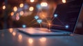 An open laptop displaying code with glowing icons of network connectivity and data security hovering above it. Royalty Free Stock Photo