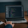 Open laptop displaying code on a screen in a dimly lit environment. Royalty Free Stock Photo