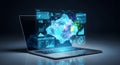 Open Laptop Displaying Holographic AI Interface with Data Visualizations and Abstract Geometric Shapes Artificial Intelligence Royalty Free Stock Photo