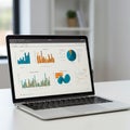 Open laptop displaying various data visualizations on its screen, including bar charts Royalty Free Stock Photo