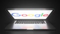 Open laptop with logo of GOOGLE on the screen. Editorial conceptual 3d rendering