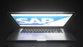 Open laptop with logo of SAP SE on the screen. Editorial conceptual 3d rendering