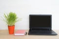 Open laptop, notebook and pen. Home workplace. Green houseplant on the table. White background Royalty Free Stock Photo