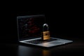 Open laptop and padlock on it on black background with copy space. Information protection concept. AI generated Royalty Free Stock Photo