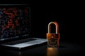 Open laptop and padlock on black background with copy space. Information protection concept. AI generated Royalty Free Stock Photo