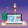 Open laptop with purchase screen, concept, launch of online store, launching rockets, vector, illustration Royalty Free Stock Photo