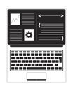 Open laptop screen with programming software black and white 2D line object