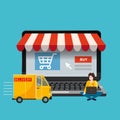 Open laptop with a screen of purchase and delivery of goods through your online store, concept, delivery of goods, the Royalty Free Stock Photo