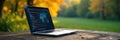 Open laptop showing network data on old wooden table in tranquil nature setting, screen, nature Royalty Free Stock Photo