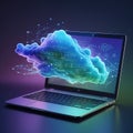 Laptop displaying a colorful cloud with scientific formulas and network computer Royalty Free Stock Photo