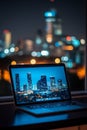 Open Laptop on Table with Cityscape Background, Night City Lights, Remote Work Concept Royalty Free Stock Photo