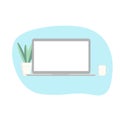 Open laptop with white blank screen potted houseplant cup of coffee on desk on blue background. Freelance distant job online