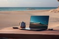 Open laptop on wooden table. Work space outdoors with view on the ocean. Office on the beach. Generative AI Royalty Free Stock Photo