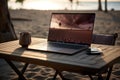 Open laptop on wooden table. Work space outdoors with view on the ocean. Office on the beach. Generative AI Royalty Free Stock Photo