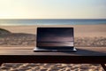 Open laptop on wooden table. Work space outdoors with view on the ocean. Office on the beach. Generative AI Royalty Free Stock Photo