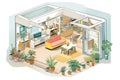 open layout home with an indoor-outdoor green garden, magazine style illustration