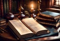 open leather bound book on a table illuminated by candlelight in an old fashioned library Royalty Free Stock Photo