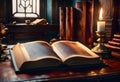 open leather bound book on a table illuminated by candlelight in an old fashioned library Royalty Free Stock Photo