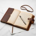 Open leather bound journal with aged paper and cursive writing Royalty Free Stock Photo