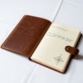 Open leather-bound notebook with a brown cover, resting on a white surface. The notebook has lined Royalty Free Stock Photo