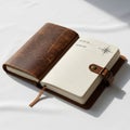 Open leather bound notebook with a brown textured cover displaying lined Royalty Free Stock Photo