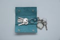 Open leather holder with keys on light grey background, top view Royalty Free Stock Photo