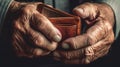 open leather wallet in elderly hands