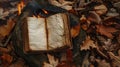 An open, leatherbound journal surrounded by fallen autumn leaves, inviting stories to be penned by the light of a campfire ,soft