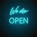 We are OPEN lettering with bright glowing neon for design of sign on door of a shop, cafe, bar or restaurant, club Royalty Free Stock Photo