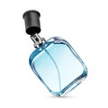 Open levitated perfume bottle with black cap filled with blue fragrance isolated on a white Royalty Free Stock Photo