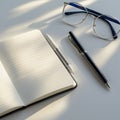 An open, lined notebook lies on a light-colored surface, accompanied by a silver mechanical pencil Royalty Free Stock Photo