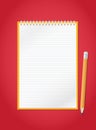 Open lined realistic notepad notebook with spiral and pencil is on red background.